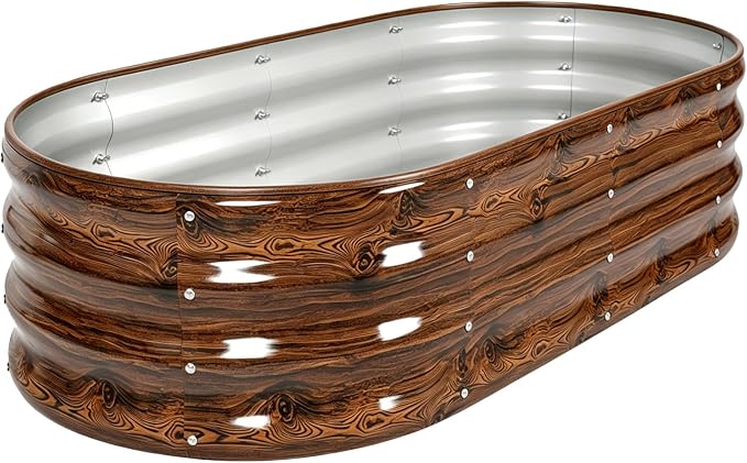 4x2x1 FT Galvanized Raised Garden Bed Kit, 12-Inch Deep Oval Metal Planter Boxes, Rust-Resistant Deep Root Planters for Outdoor Vegetables, Flowers, Herbs, Strawberry, tomatoes, Wood Grain Color