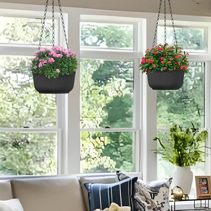 8 Inch Hanging Pots for Indoor Outdoor Plants Set of 2 | Self-Watering Hanging Planters with Internal Saucers, Drainage Holes & Plugs (Hooks)