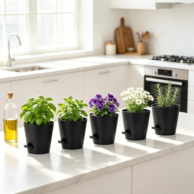 12 Pack 4 Inch African Violet Pots Self Watering, Self-Watering Planters with Drainage Holes & Reservoir, Black Plastic Pots for Indoor Outdoor Plants, Succulents & Flowers