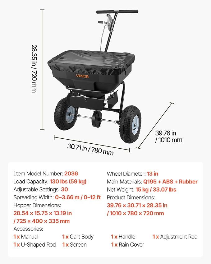 VEVOR Broadcast Spreader, 12ft Spreading Width, Push Broadcast Spreader with 13" All-Terrain Tires, Adjustable Flow Control, 130lbs Capacity Hopper, Lawn Spreaders for Fertilizer Seed Ice Melt