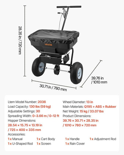 VEVOR Broadcast Spreader, 12ft Spreading Width, Push Broadcast Spreader with 13" All-Terrain Tires, Adjustable Flow Control, 130lbs Capacity Hopper, Lawn Spreaders for Fertilizer Seed Ice Melt