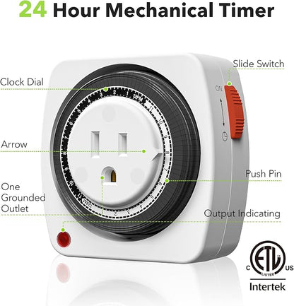 BN-LINK Outlet Timer Indoor, 24-Hour Heavy Duty Mechanical Light Timer with 15-Minute Intervals, 3 Prong Plug Outlet for Aquariums, Grow Lights, Indoor Lighting, Home Appliances, ETL Listed, 2-Pack