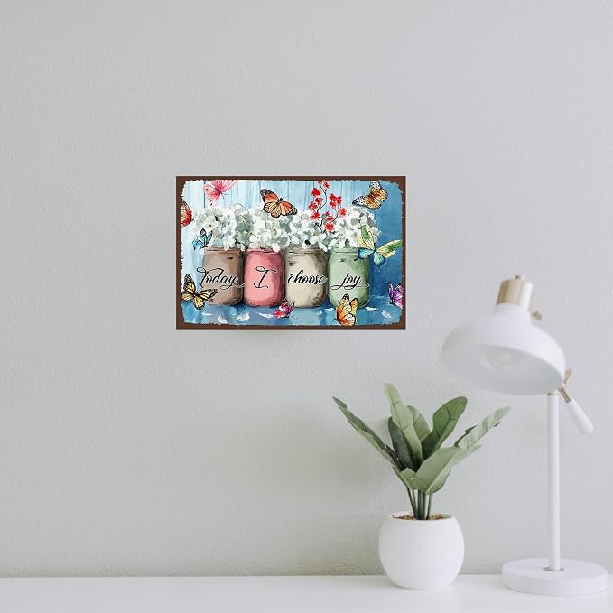 Flowers-Sign Metal-Poster Wall-Art Butterfly-Décor, Today I Choose Joy, Yard Garage Farm Outside Garden Plaque Outdoor for Home Fence 8 X 12 Inch