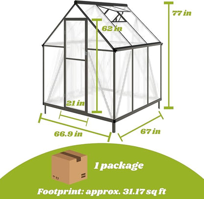 6x6 FT Greenhouse for Outdoors, Polycarbonate Greenhouse with Quick Setup Structure and Roof Vent, Aluminum Large Walk-in Green House for Outside Garden Backyard, Dark Gray