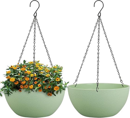 WSMKSZ 13 inch Large Hanging Planters Plant Pots for Outdoor Indoor Plants with Drainage Holes and Chain, 2 Pack Round Hanging Flower Pots for Garden Home Porch Decor, Green