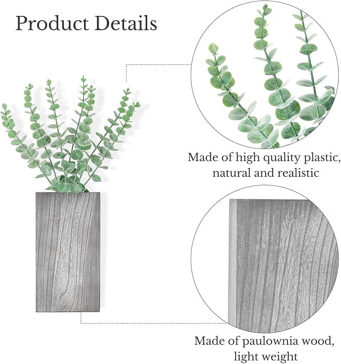 Dahey 2 Pack Wood Wall Planter Vase with Artificial Eucalyptus Farmhouse Wall Hanging Decor Pocket Planter for Indoor Fake Plants Greenery, Living Room Bedroom Kitchen Home Office Decoration, Grey