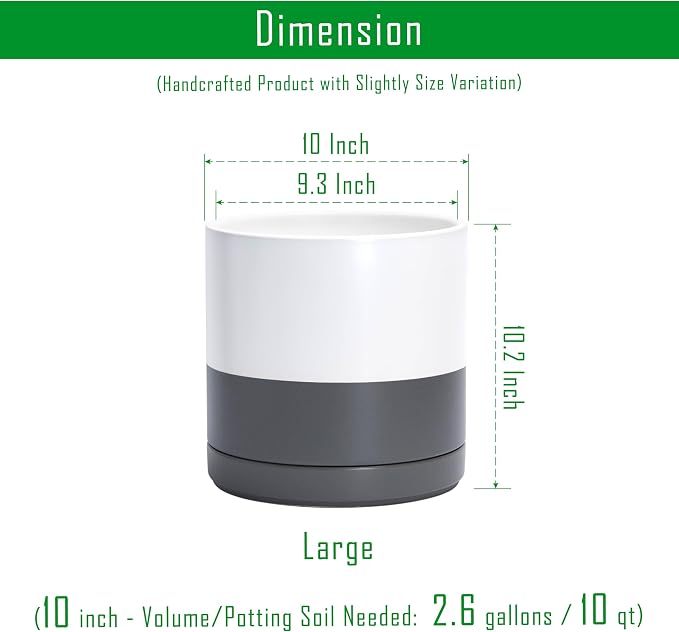 D'vine Dev 10 Inch Ceramic Planter Pot with Drainage Hole and Saucer, Indoor Cylinder Round Planter Pot, White/Speckled Grey, 94-O-E-6
