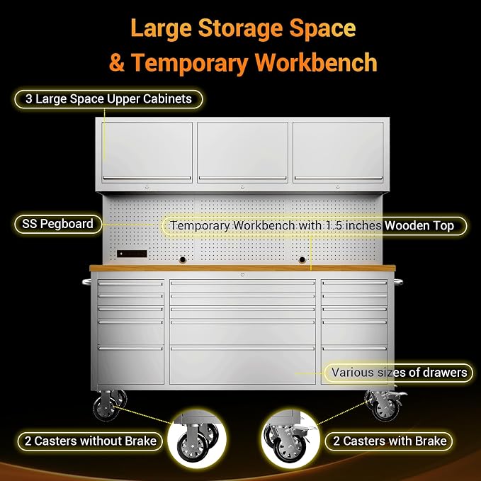 CHETTO C 72-inch Rolling Tool Chest Cabinet Mobile Workbench with 15 Storage Drawers and Wheels 3 Upper Cabinet Outlet SS Pegboard Stainless Steel Tool Box for Garage Warehouse