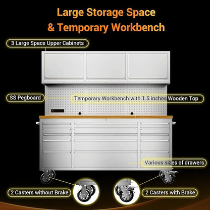 CHETTO C 72-inch Rolling Tool Chest Cabinet Mobile Workbench with 15 Storage Drawers and Wheels 3 Upper Cabinet Outlet SS Pegboard Stainless Steel Tool Box for Garage Warehouse
