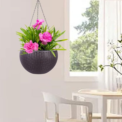 Vencer 11 Inch Round Resin Rattan Hanging Planters,Coffee,VF-A15-C | Self Watering,Drain Hole,Metal Chain,Water Indicator,Indoor Outdoor