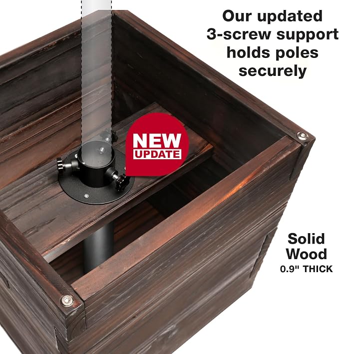 Extra Large Decorative Wooden Planter with Universal Pole Support for String Light Poles, Umbrellas, Bird Feeders. Solid Wood Outdoor Garden Patio Box for Plants or Flowers, 17"x17"x18", Brown