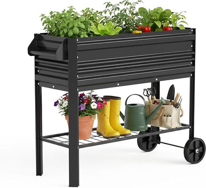 WORKPRO Galvanized Raised Garden Bed with Legs & Wheels, 37x14.6x31.6in, 400LB Capacity Elevated Planter Box for Garden, Backyard, Patio & Deck, Black