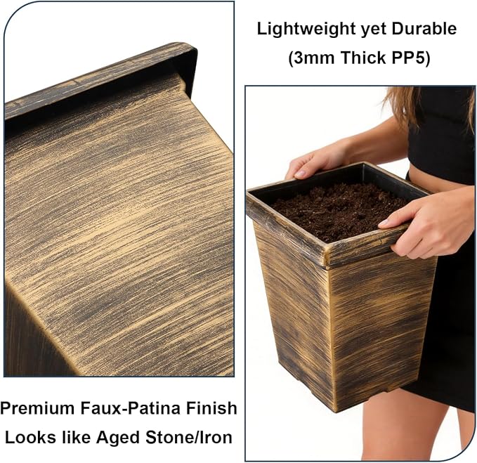 Tall Outdoor Square Planter - 4 Pack 10 Inch Vintage Gold Faux Metal Plant Pot with Drainage Holes & Raised Feet, 13" H Deep Root Plastic Flower Pots for Indoor Outdoor Plants, Trees, Roses