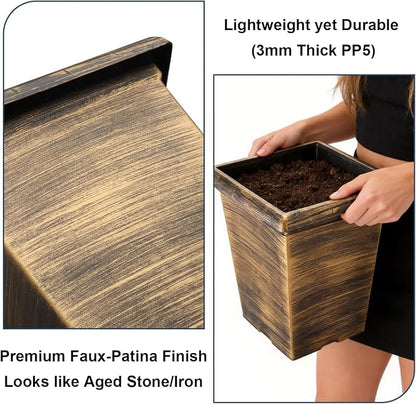 Tall Outdoor Square Planter - 4 Pack 10 Inch Vintage Gold Faux Metal Plant Pot with Drainage Holes & Raised Feet, 13" H Deep Root Plastic Flower Pots for Indoor Outdoor Plants, Trees, Roses