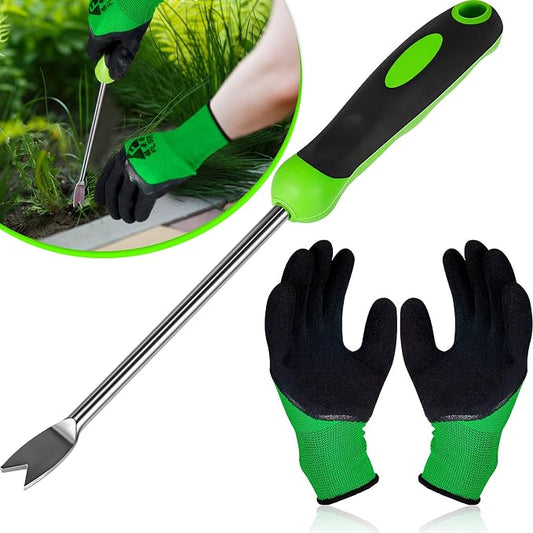 Honoson 2 Pcs Weed Puller Tool Dandelion Puller Digger with Soft Handle Polished Stainless Steel Garden Hand Weeder Remover Tool with Gloves for Garden Lawn Farmland Planting Care in Patio Lawn Yard