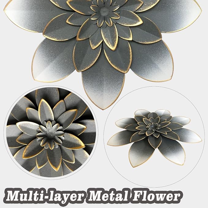Metal Flower Wall Art Decor, 9.5" Grey Gold Rustic Modern Floral Sculpture | Distressed Iron Wall Hanging Home Decoration Accent for Indoor Kitchen Bedroom Living Room Office Outdoor Garden Patio