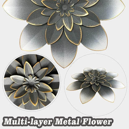 Metal Flower Wall Art Decor, 9.5" Grey Gold Rustic Modern Floral Sculpture | Distressed Iron Wall Hanging Home Decoration Accent for Indoor Kitchen Bedroom Living Room Office Outdoor Garden Patio