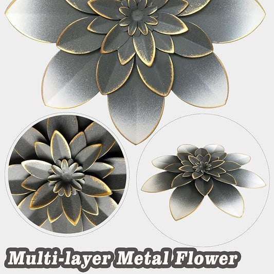 Metal Flower Wall Art Decor, 9.5" Grey Gold Rustic Modern Floral Sculpture | Distressed Iron Wall Hanging Home Decoration Accent for Indoor Kitchen Bedroom Living Room Office Outdoor Garden Patio