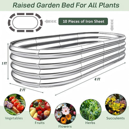 Galvanized Raised Garden Bed for Outdoor, 4X2X1FT Durable Metal Vegetable Plant Container Kit - Oval Planter Box for Gardening Flower Trough Kit for Vegetables Flowers Herb,Silver, 2 Pack
