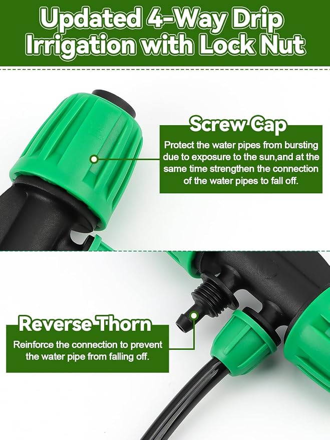 Kalolary 20PCS Locked Barbed Tee Connectors, 1/2" to 1/4" Drip Irrigation Fittings Kit 12/16mm to 4/7mm Tube Lock Female Connector 4-Way Barbed Lock Irrigation Parts for Watering System (Green)