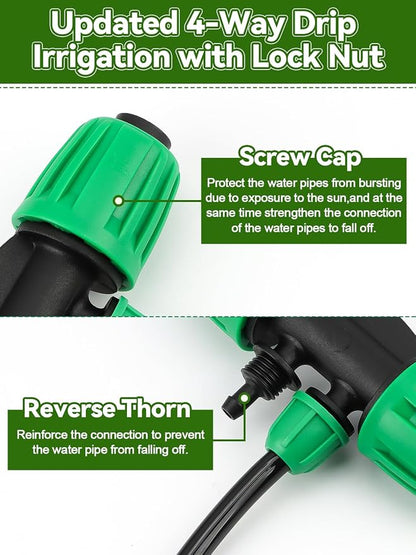 Kalolary 20PCS Locked Barbed Tee Connectors, 1/2" to 1/4" Drip Irrigation Fittings Kit 12/16mm to 4/7mm Tube Lock Female Connector 4-Way Barbed Lock Irrigation Parts for Watering System (Green)