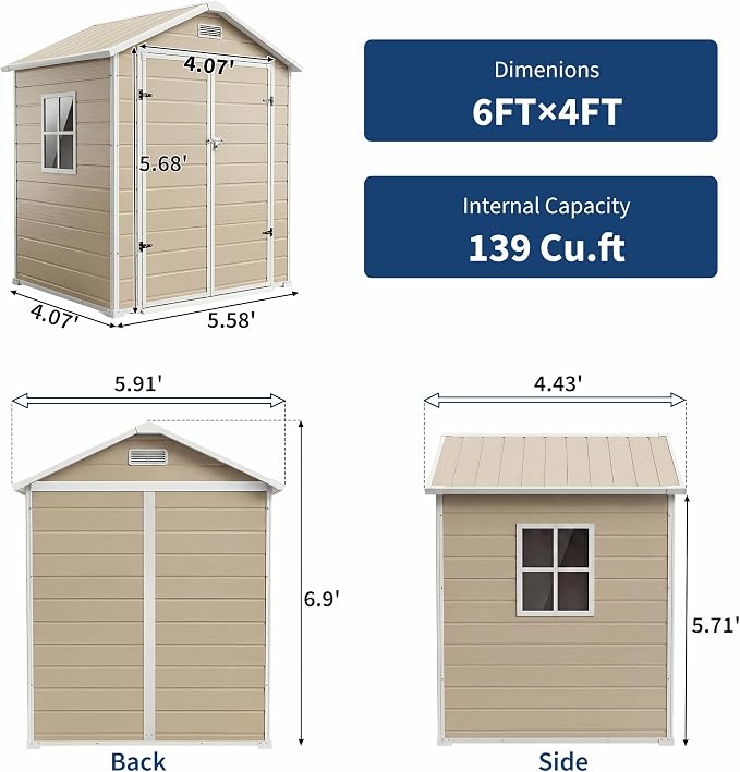 6x4 ft Outdoor Resin Storage Shed with Floor, Lockable Door & Window, Sloping Roof, Plastic Outdoor Sheds with Floor Garden Shed for Backyard Patio Lawn Mower Bike Tool Storage