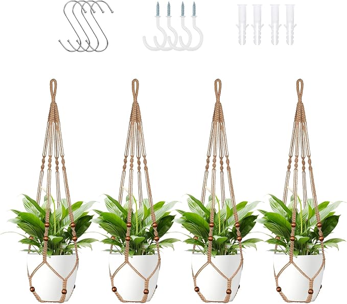 LEWESU Jute Macrame Plant Hanger Indoor Set of 4 Hanging Planter Basket Flower Pot Holder with Decorative Wood Beads & No Tassels for Indoor Outdoor Boho Home Decor, 35 Inch Brown (Pots Not Included)