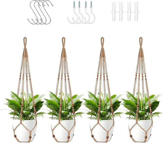 LEWESU Jute Macrame Plant Hanger Indoor Set of 4 Hanging Planter Basket Flower Pot Holder with Decorative Wood Beads & No Tassels for Indoor Outdoor Boho Home Decor, 35 Inch Brown (Pots Not Included)