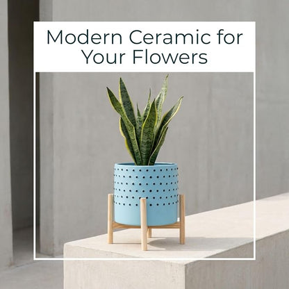 Ceramic Planter With Stand Indoor – Plant Stand Indoor For Elevated Greenery, Living Room Or Patio Placement, Textured Blue Home Decor Design Adds Height And Visual Impact – 11", Blue