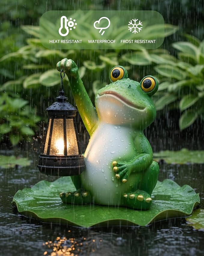 Vuees Solar Frog Garden Statue Light, Outdoor Waterproof Decorative Lantern Figurine, Cute Yard Art for Garden Patio Pond Balcony Porch Decor, Housewarming & Gardening Gifts for Women Grandma Mom | Hand-painted resin, dusk sensor, flower bed or pond ac...