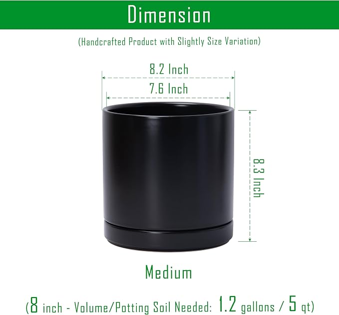 D'vine Dev 8.2 Inch Ceramic Planter Pot, Black, 94-O-D-2 | Modern Cylinder Design, Drainage Hole & Saucer Included, Stable Structure, Elegant Home Accent