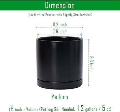 D'vine Dev 8.2 Inch Ceramic Planter Pot, Black, 94-O-D-2 | Modern Cylinder Design, Drainage Hole & Saucer Included, Stable Structure, Elegant Home Accent