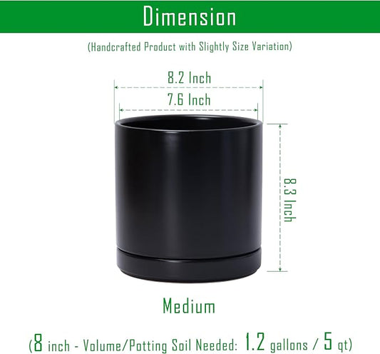 D'vine Dev 8.2 Inch Ceramic Planter Pot, Black, 94-O-D-2 | Modern Cylinder Design, Drainage Hole & Saucer Included, Stable Structure, Elegant Home Accent