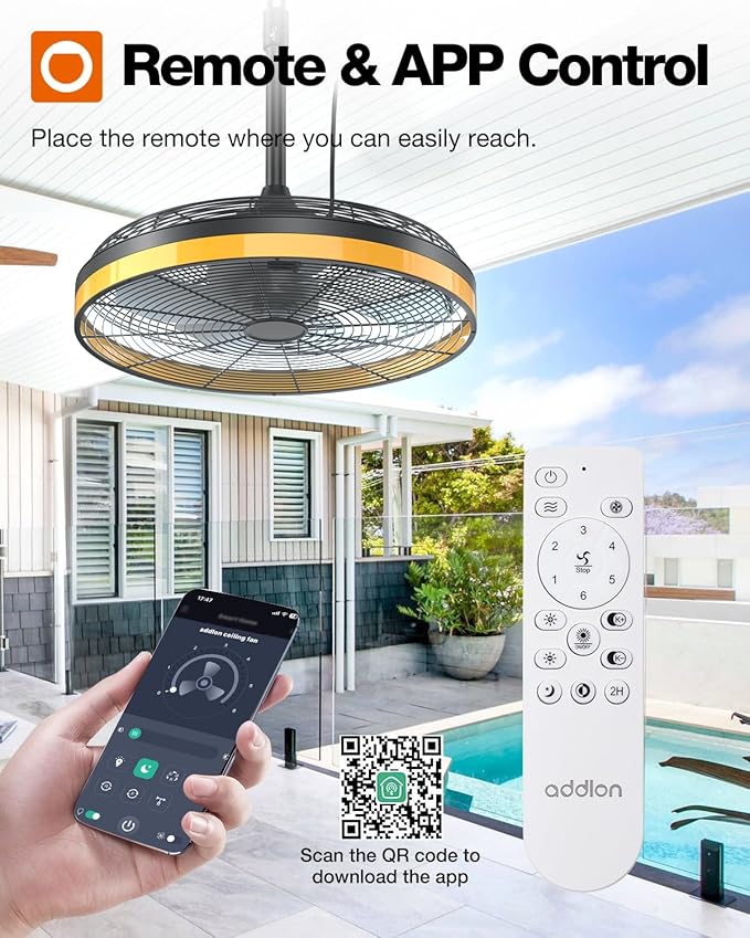 addlon Outdoor Ceiling Fan with Light for Patios, 20 inch Black Waterproof Gazebo Fan Remote&APP Control,6 Speeds 3CCT Dimmable,DC Motor, Plug in Ceiling Fan with Hook Hanging for Pergola Porch Canopy