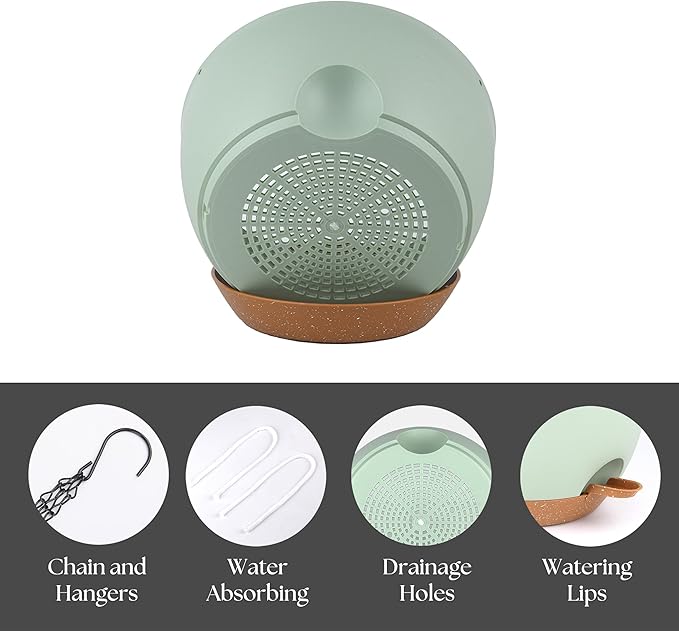 TYMENSH Hanging Plant Pots 12 Inch Set of 2, Self Watering Hanging Planters with Drainage Holes, Removable Saucer, Durable Plastic Flower Pots with Chains for Indoor Outdoor Plants, Green