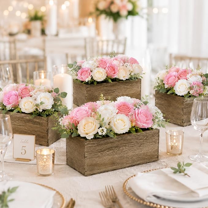 Havawish 5 Sets 10 x 4 x 4 in Wood Rectangular Planter Boxes Bulk Wood Flower Box Centerpiece Vases with Floral Foam Blocks Rustic Flower Pot Indoor Window for Wedding Arrangement