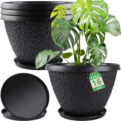 Nooulap 4 Pack Large Plant Pots for Outdoor Indoor, 16 inch Flower Pots for Garden House Decor, Thickened Planters with Drainage Holes & Saucer (Black)