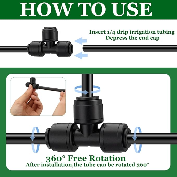 Weysat 50 Pack Quick Connect 1/4" Drip Irrigation Tee Connectors, Universal Fittings for 1/4 Inch Tubing, Leak Free Fitting for Sprinkler or Drip Irrigation System, Easy to Install for Gardens Farms