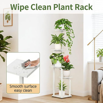 LASZOLA 5 Tiered Plant Stand Tall for Indoor Corner, Modern Multiple Flower Display Rack with Wooden Tray, Vertical Planter Shelf for Living Room Bedroom Patio Garden Balcony, White