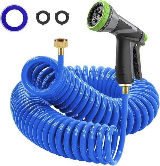 Coil Hose,3/8" EVA Coil Garden Hose 25 FT,Curly Water Hose Lightweight with Brass Connectors,Recoil Garden Hose Includes 8-Pattern Spray Nozzle for Boat, Yard, Patio