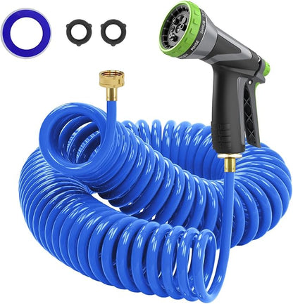 Coil Hose,3/8" EVA Coil Garden Hose 50 FT,Curly Water Hose Lightweight with Brass Connectors,Recoil Garden Hose Includes 8-Pattern Spray Nozzle for Boat, Yard, Patio, Green