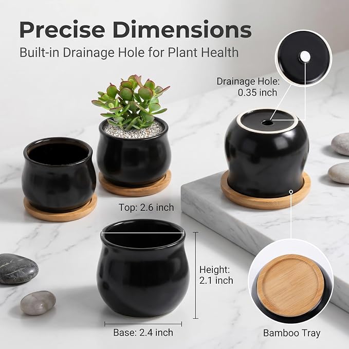 SHECIPIN 8 Pack Succulent Plant Pot, Matte Black Mini 2.6 inch Ceramic Flower Planter Pot with Bamboo Tray, Small Pots for Plants, Plants Not Included