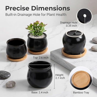 SHECIPIN 8 Pack Succulent Plant Pot, Matte Black Mini 2.6 inch Ceramic Flower Planter Pot with Bamboo Tray, Small Pots for Plants, Plants Not Included