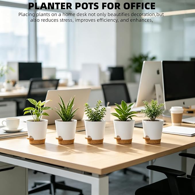 5 Pack 5 Inch African Violet Pots Self Watering, Self-Watering Planters with Drainage Holes & Reservoir, White Brown Plastic Pots for Indoor Outdoor Plants, Succulents & Flowers