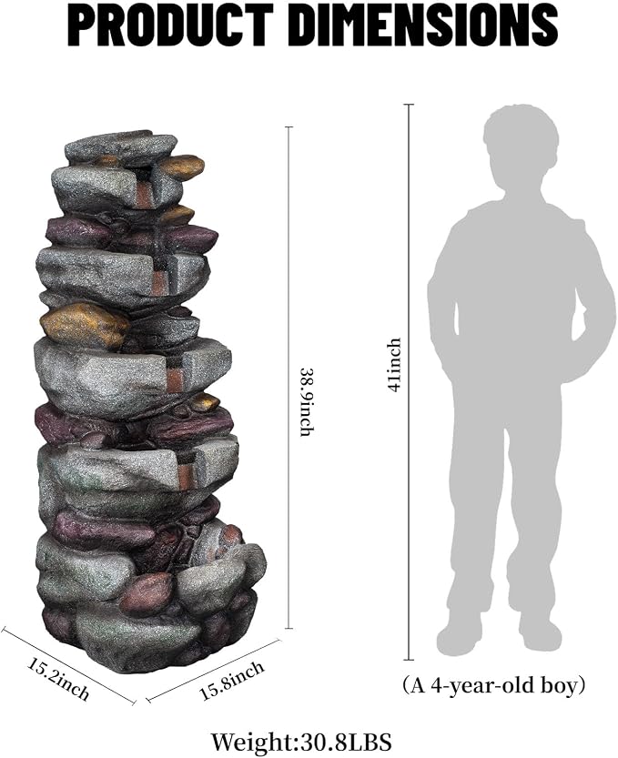 38.9" H Large Outdoor Fountain, 5-Tier Cascading Rock Waterfall Fountain with LED Lights, Freestanding Water Feature for Garden Patio Backyard Porch Decor