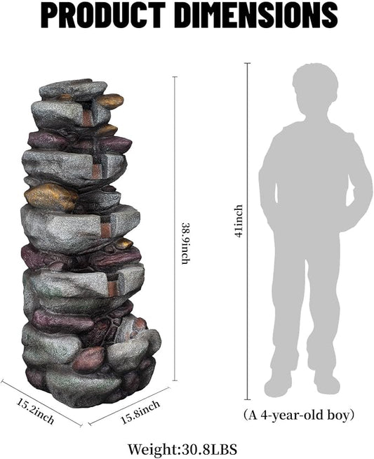 38.9" H Large Outdoor Fountain, 5-Tier Cascading Rock Waterfall Fountain with LED Lights, Freestanding Water Feature for Garden Patio Backyard Porch Decor
