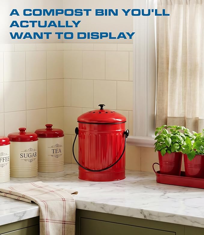 Plexon Countertop Compost Bin Kitchen with Lid, Red 1.5 Gallon Odorless Compost Container, Steel Food Compost Bucket for Kitchen with Charcoal Filter, Pail for Countertop
