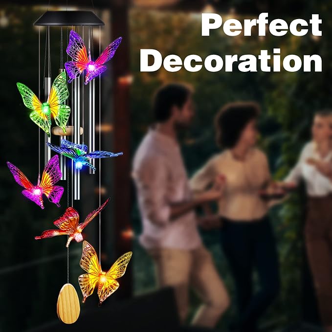 DesGully Wind Chimes, Butterfly Solar Wind Chimes with Aluminum Tubes/Wind Chimes for Outside Color Changing (Gifts for mom/Gift for Grandmom/Gift for Women) Thanksgiving Gift Butterfly Gift