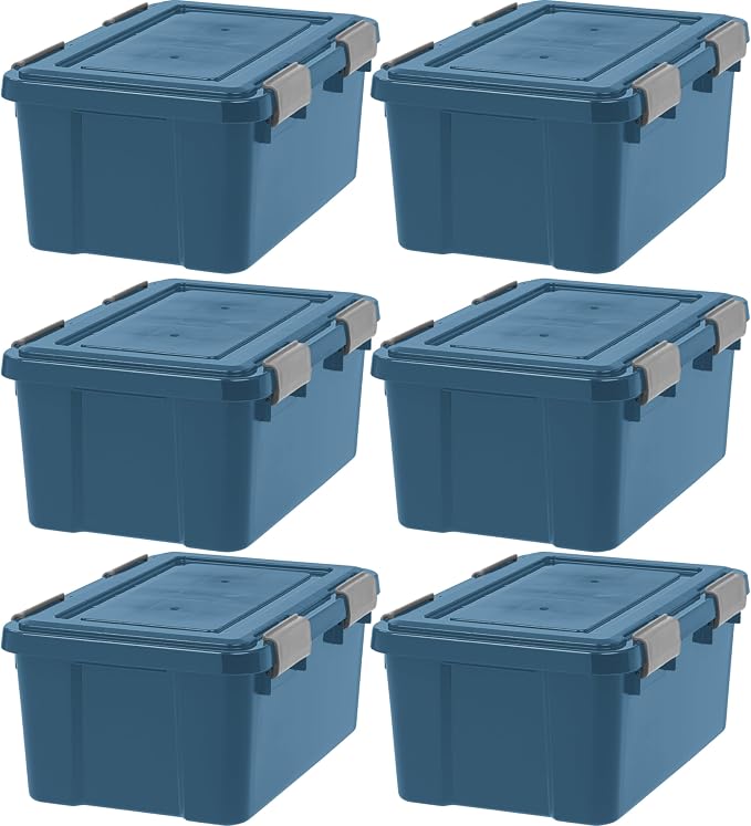 IRIS USA WeatherPro 19 Qt Eco-Friendly Storage Bins with Lids, 6 Pack, BPA-Free Plastic Gasket Box with Tight Latch and Seal, Stackable Nestable Tote Tub - Navy