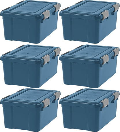 IRIS USA WeatherPro 19 Qt Eco-Friendly Storage Bins with Lids, 6 Pack, BPA-Free Plastic Gasket Box with Tight Latch and Seal, Stackable Nestable Tote Tub - Navy